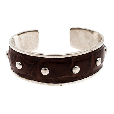 Pre-owned Tod's Dark Brown Embossed Leather Studded Silver Tone Narrow Cuff Bracelet