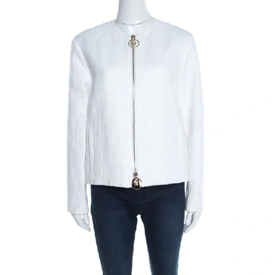 Pre-owned Versace White Cotton Linen Embossed Zip Front Jacket M