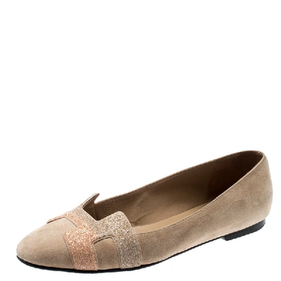 Pre-owned Hermes Beige Suede And Crystal Powder Nice Ballet Flats Size 38
