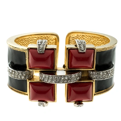 Pre-owned Roberto Cavalli Art Deco Black Enamel Crystal Gold Tone Wide Cuff Bracelet