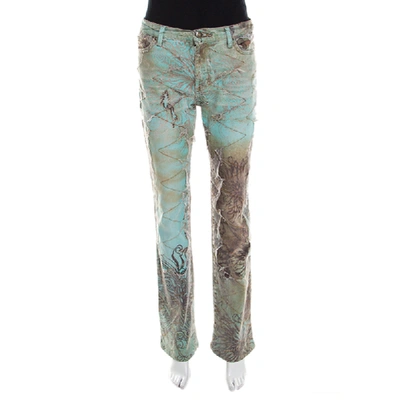 Pre-owned Just Cavalli Mint And Brown Distressed Lace Overlay Printed Denim Flared Jeans M In Green