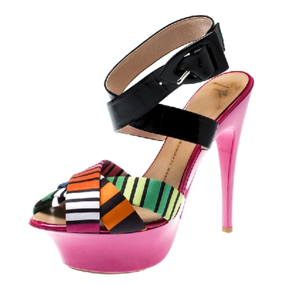 Pre-owned Giuseppe Zanotti Multicolor Satin And Patent Leather Cross Strap Platform Sandals Size 39