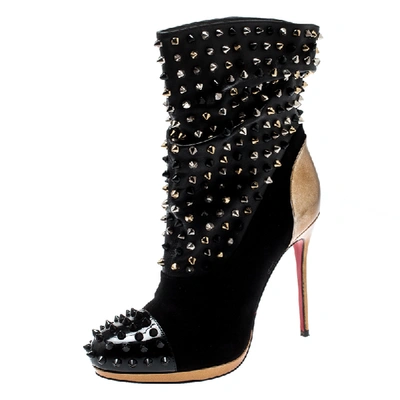 Pre-owned Christian Louboutin Black Patent Leather And Suede Spike Wars Ankle Boots Size 37.5