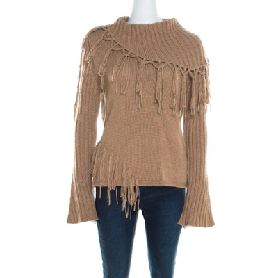 Pre-owned Escada Camel Brown Cashmere Wool Roll Neck Fringed Pullover M