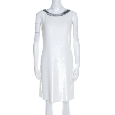 Pre-owned Prada Off White Sequined Silk Sleeveless Shift Dress S