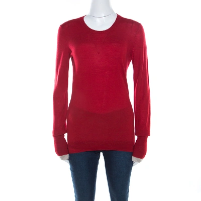 Pre-owned Burberry Brit Red Rib Knit Merino Wool Novacheck Trim Long Sleeve Sweater M