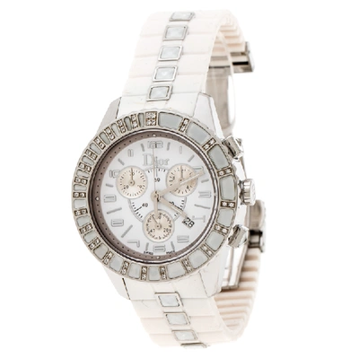 Pre-owned Dior White Stainless Steel Christal Cd114311 Women's Wristwatch 38 Mm In Silver