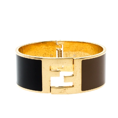 Pre-owned Fendi Sta Black Brown Enamel Gold Tone Wide Bracelet M In Multicolor