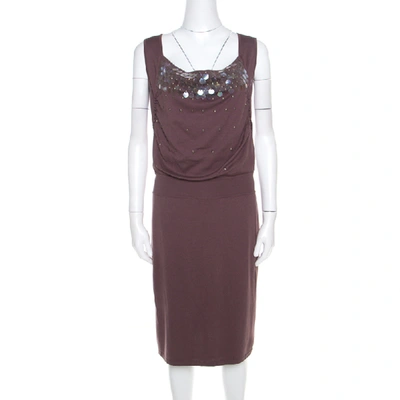 Pre-owned Escada Mauve Silk Cotton Iridescent Paillette Embellsihed Shawn Dress M In Brown