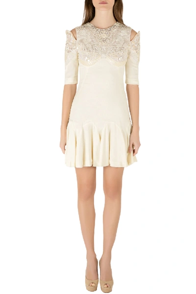 Pre-owned Alexander Mcqueen Buttercream Crepe Embellished Cold Shoulder Godet Dress S In Cream