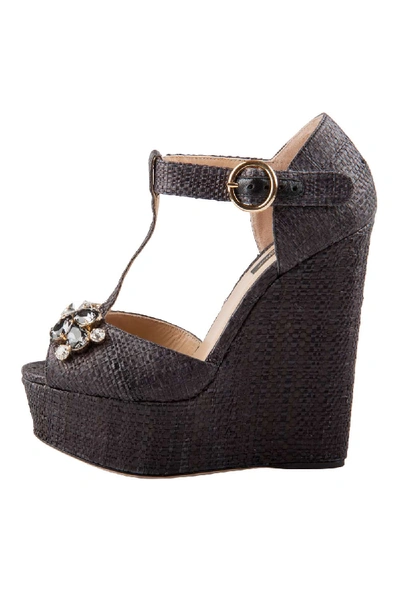 Pre-owned Dolce & Gabbana Black Crystal Embellished Raffia T Strap Wedge Peep Toe Sandals Size 36
