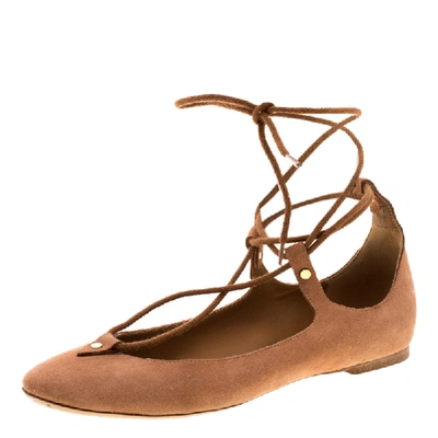 Pre-owned Chloé Beige Suede Foster Lace-up Ballet Flats Size 38 In Brown