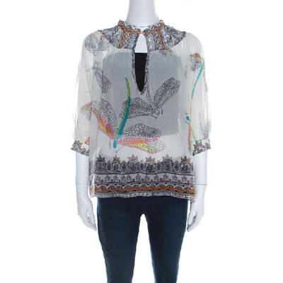 Pre-owned Matthew Williamson Off White Dragonfly Printed Silk Chiffon Sheer Blouse M