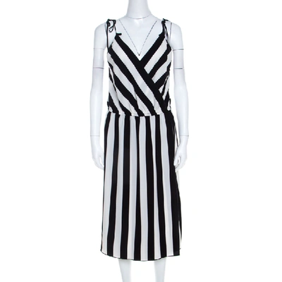 Pre-owned Marc Jacobs Monochrome Striped Crepe Faux Wrap Midi Dress M In Multicolor