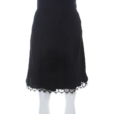Pre-owned Prada Black Crepe Knit Scalloped Lace Trim Pleated Skirt M