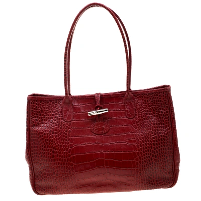Pre-owned Longchamp Red Croc Embossed Leather Roseau Tote