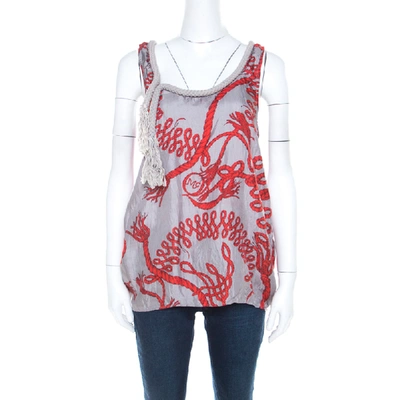 Pre-owned Alexander Mcqueen Mcq By  Grey And Red Rope Print And Applique Silk Tank Top M