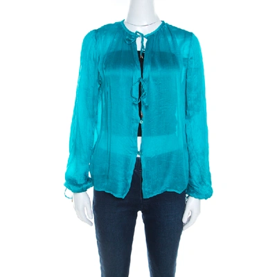 Pre-owned Ferragamo Teal Blue Silk Plisse Long Sleeve Shirt S