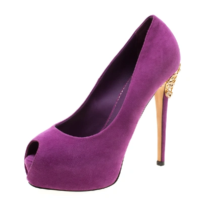 Pre-owned Le Silla Enio Silla For  Purple Suede Open Toe Crystal Embellished Heel Platform Pumps Size 37