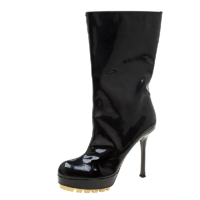 Pre-owned Louis Vuitton Saint Laurent Paris Black Patent Leather Platform Mid Calf Boots Size 38