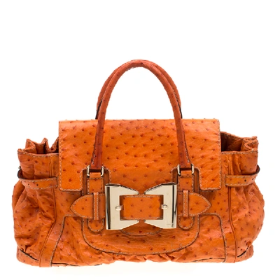 Pre-owned Gucci Orange Ostrich Large Queen Satchel