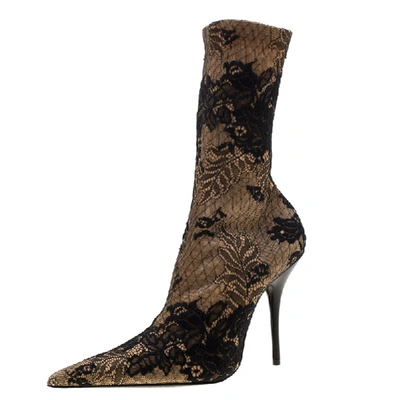 Pre-owned Balenciaga Beige Fabric And Black Floral Lace Pointed Toe Mid Calf Boots Size 39