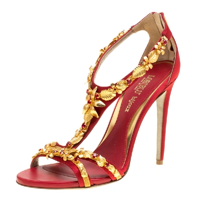 Pre-owned Loriblu Bijoux Red Satin Floral Embellished Crystal Studded Sandals Size 40