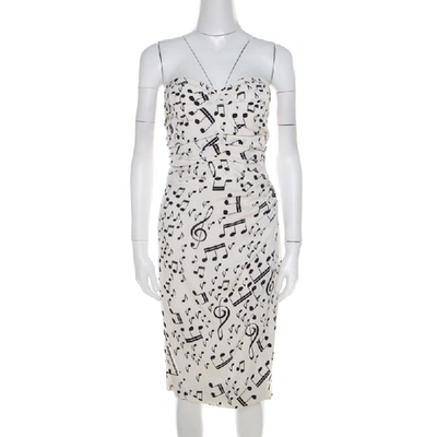 Pre-owned Dolce & Gabbana White And Black Musical Note Printed Silk Strapless Dress S