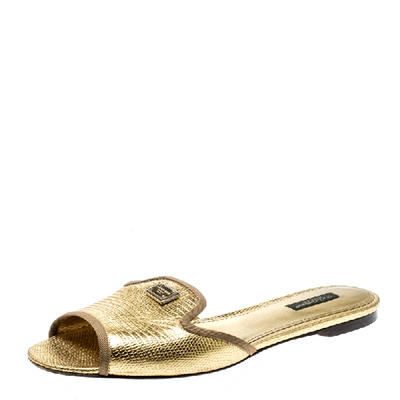 Pre-owned Dolce & Gabbana Gold Lizard Embossed Leather Flat Slides Size 39.5