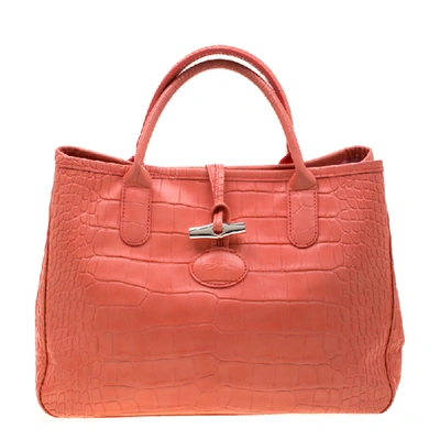 Pre-owned Longchamp Coral Croc Embossed Leather Roseau Tote In Orange