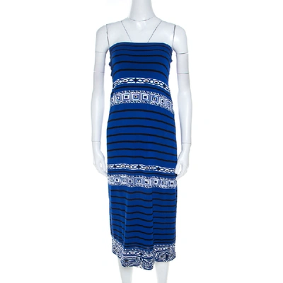 Pre-owned Emilio Pucci Blue Knit Aztec Pattern Strapless Dress S