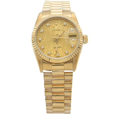 Pre-owned Rolex Champagne Diamond Dial Yellow Gold Date Just President Band Women's Watch 31mm