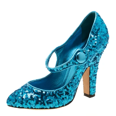 Pre-owned Dolce & Gabbana Blue Sequin Mary Jane Pumps 38