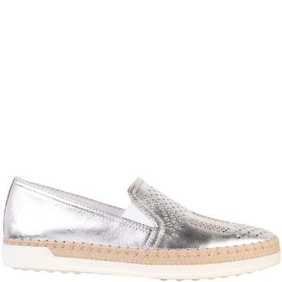 Pre-owned Tod's Silver Metallic Perforated Leather Studded Espadrilles 37