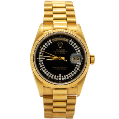 Pre-owned Rolex Black Special Diamonds 18k Yellow Gold Day-date President Bracelet Watch 36mm