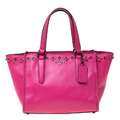 Pre-owned Coach Magenta Studded Floral Leather Crosby Tote In Pink