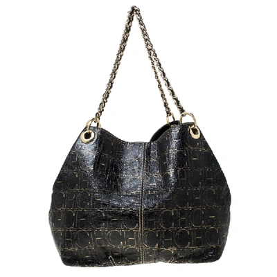 Pre-owned Carolina Herrera Black Monogram Leather Chain Shoulder Bag