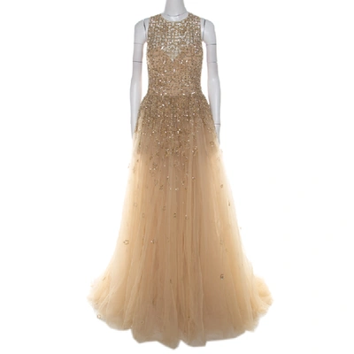 Pre-owned Zuhair Murad Toffee Cream Layered Tulle Embellished Sheer Yoke Evening Gown S In Beige