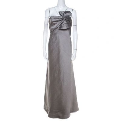 Pre-owned J Mendel Grey Silk Blend Strapless Front Bow Detail Gown L