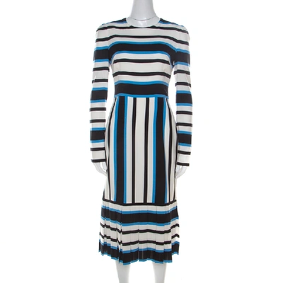 Pre-owned Dolce & Gabbana Multicolor Striped Silk Pleat-detail Midi Sheath Dress S In Blue