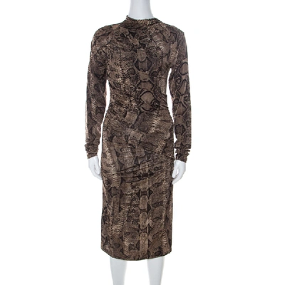 Pre-owned Roberto Cavalli Brown Snake Printed Jersey Ruched Detail Dress S