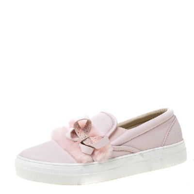 Pre-owned Sophia Webster Pink Leather And Faux Fur Bella Embellished Bow Slip On Sneakers Size 39