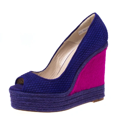 Pre-owned Brian Atwood Purple/pink Textured Suede And Caflhair Peep Toe Espadrilles Wedge Pumps Size 38