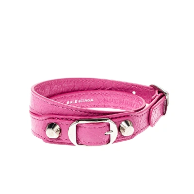 Pre-owned Balenciaga Arena Pink Leather Silver Tone Double Wrap Bracelet