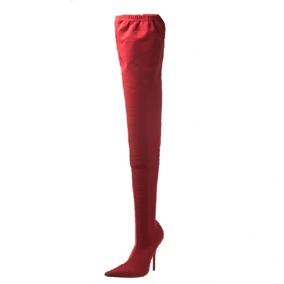 Pre-owned Balenciaga Red Stretch Fabric Knife Pointed Toe Thigh High Boots Size 40