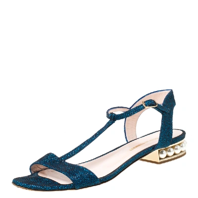 Pre-owned Nicholas Kirkwood Blue/black Glitter Fabric T-strap Casati Pearl Sandals Size 38