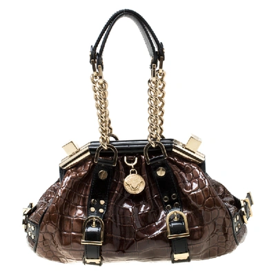 Pre-owned Versace Brown/black Croc Embossed Patent Leather Madonna Boston Bag