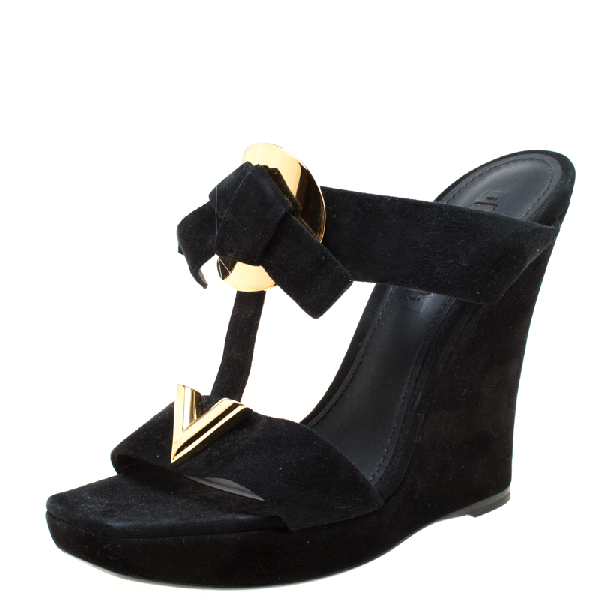 Pre-Owned Louis Vuitton Black Suede Double Strap Wedge Platform Sandals Size 37 | ModeSens