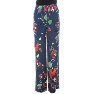 Pre-owned Diane Von Furstenberg Indigo Blue Floral Print Silk Wide Leg Trousers S