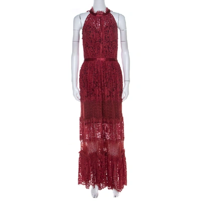 Pre-owned Temperley London Red Floral Sheer Lace Tiered Sleeveless Maxi Dress M